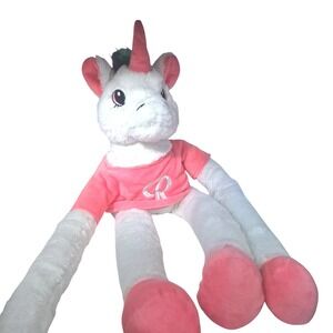 Plush Unicorn White-Rainbow Mane Hanging Stuffed Animal. Pink Shirt w/letter "R"